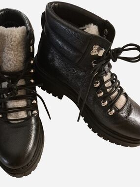 Marc Fisher Black Lace-Up Faux-Shearling Ankle Boots Size 8